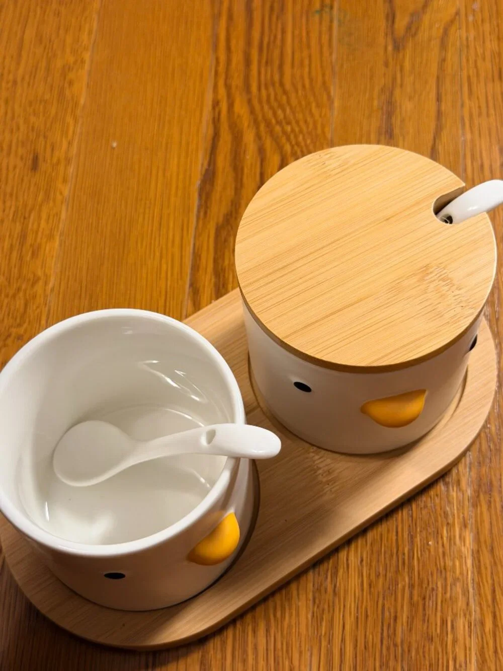 Ceramic Sugar Bowls with Wood Lids & Tray Spoons Duck Set of 2 New